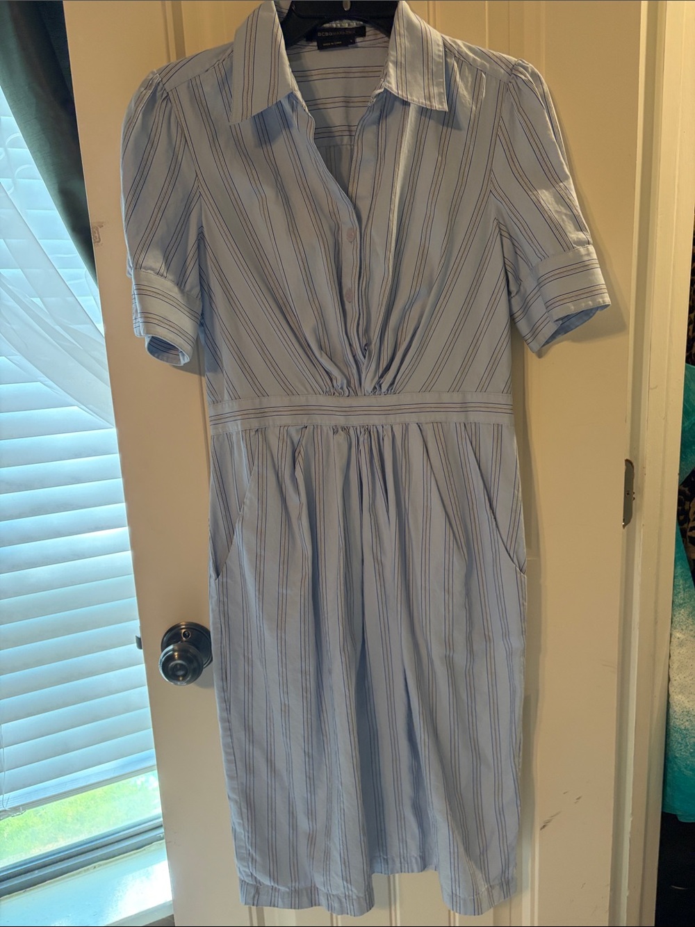 BCBGMaxAzria Light Blue and White Striped Collared Midi Dress